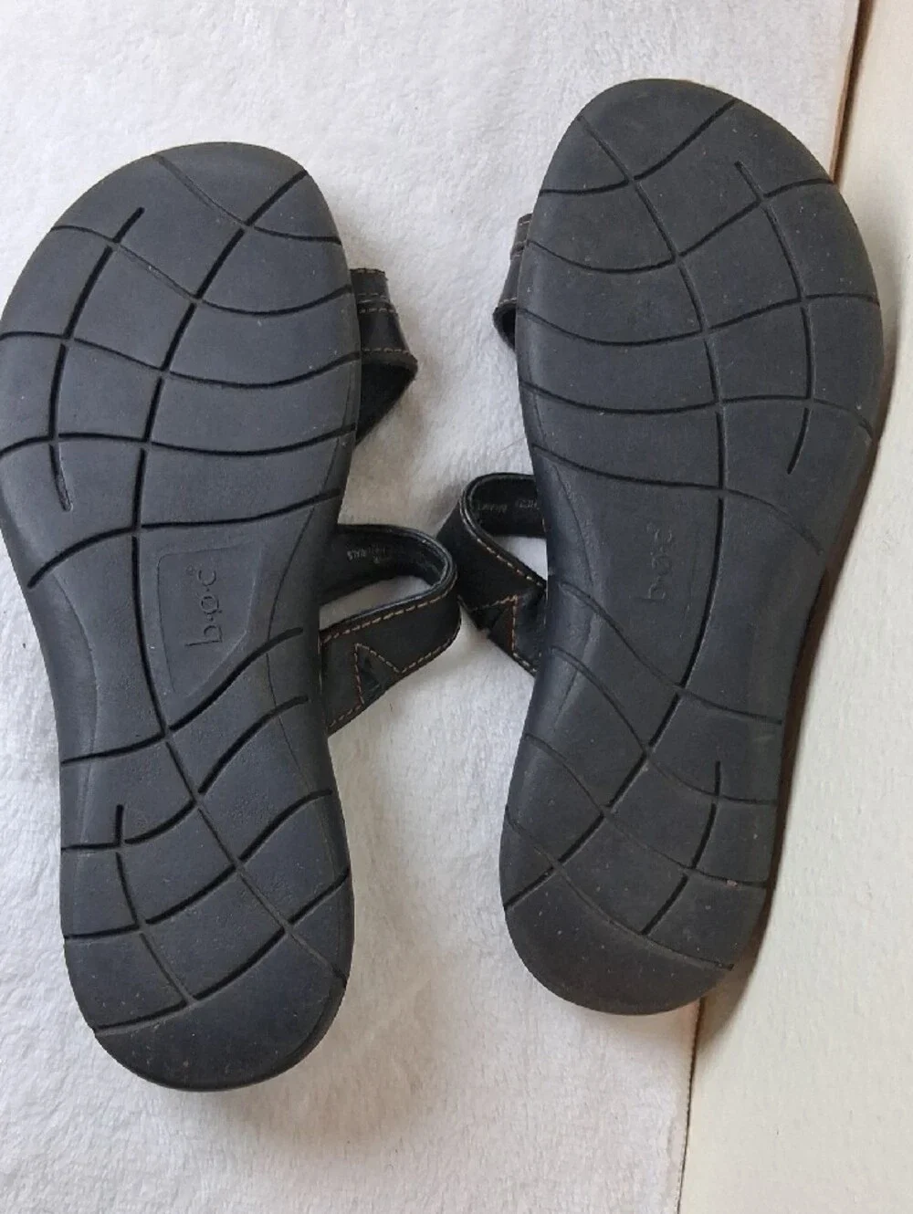 b.o.c. Black Slide Sandals with Tan Embossed Footbed